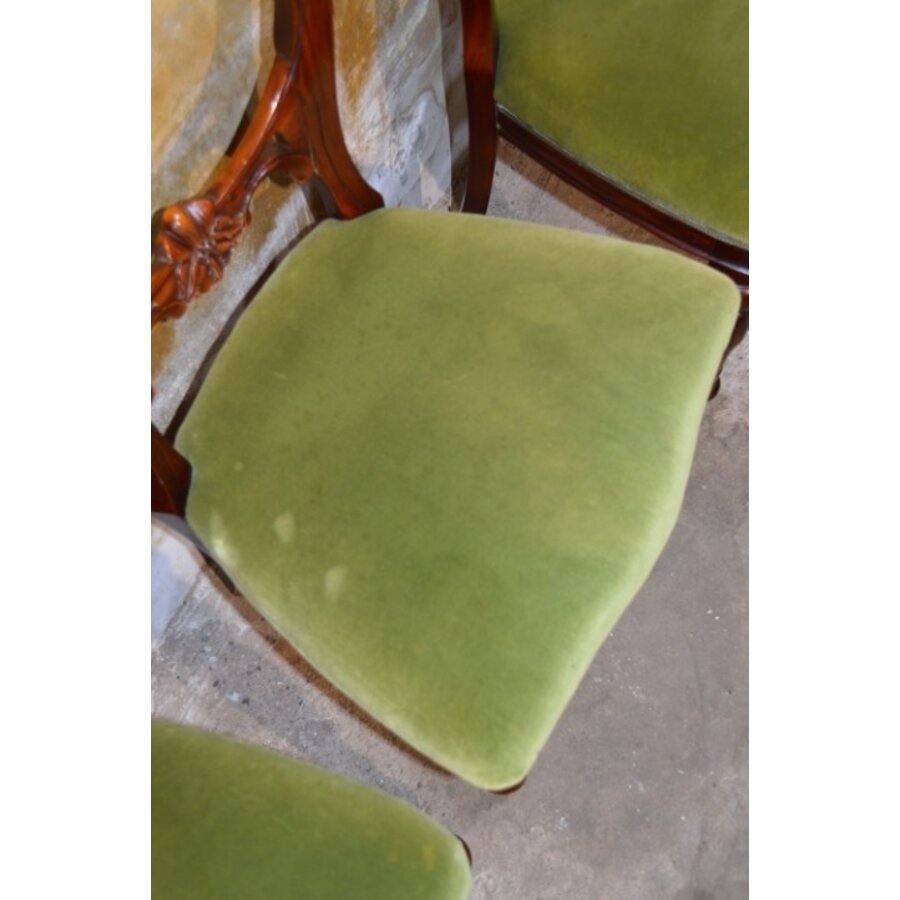 Set van 4 Victoriaanse mahonie stoelen ballonrug olijfgroen velours-6