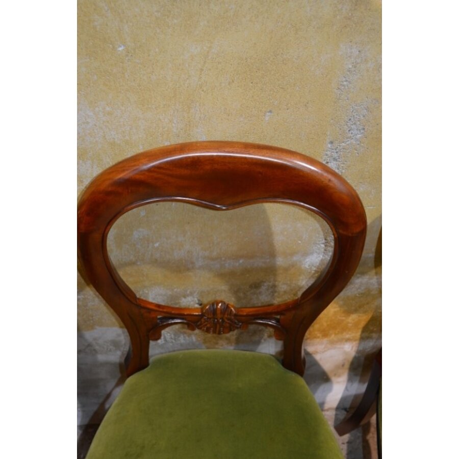 Set van 4 Victoriaanse mahonie stoelen ballonrug olijfgroen velours-7