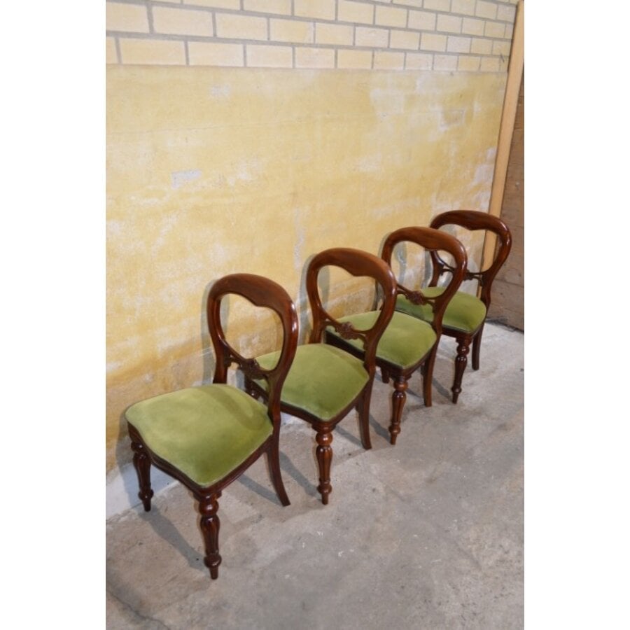Set van 4 Victoriaanse mahonie stoelen ballonrug olijfgroen velours-8