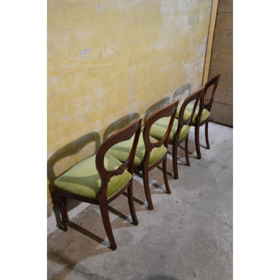 Set van 4 Victoriaanse mahonie stoelen ballonrug olijfgroen velours-10