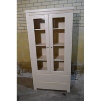 thumb-Vurenhouten vitrinekast met glazen deuren en lades, crème geschilderd-4