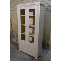 thumb-Vurenhouten vitrinekast met glazen deuren en lades, crème geschilderd-1