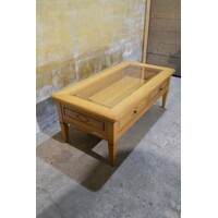 thumb-Massief eiken salontafel met glasplaat en lades – Dubbelzijdig te openen-1