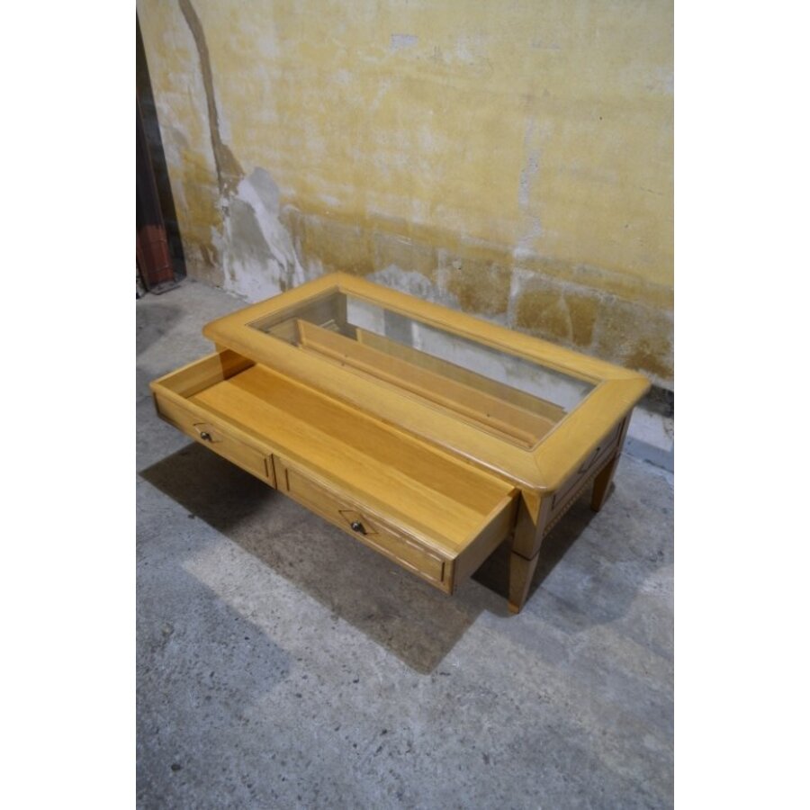 Massief eiken salontafel met glasplaat en lades – Dubbelzijdig te openen-3