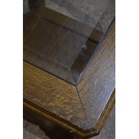 thumb-Vintage massief eiken bijzettafeltje met facet geslepen glazen blad-2