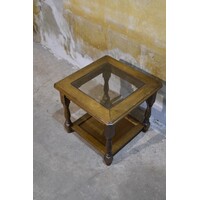thumb-Vintage massief eiken bijzettafeltje met facet geslepen glazen blad-3