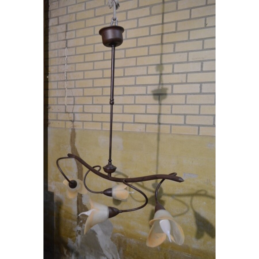 Klassieke hanglamp kroonluchter van metaal met amberkleurig Murano glas-4