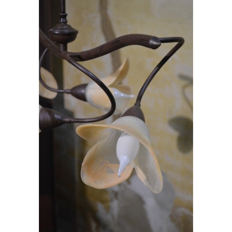 Klassieke hanglamp kroonluchter van metaal met amberkleurig Murano glas-5