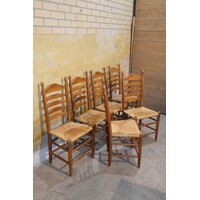 thumb-Set van 6 oud Hollandse eiken knopstoelen met biezen zitting en lattenrug-1
