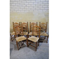 thumb-Set van 6 oud Hollandse eiken knopstoelen met biezen zitting en lattenrug-3