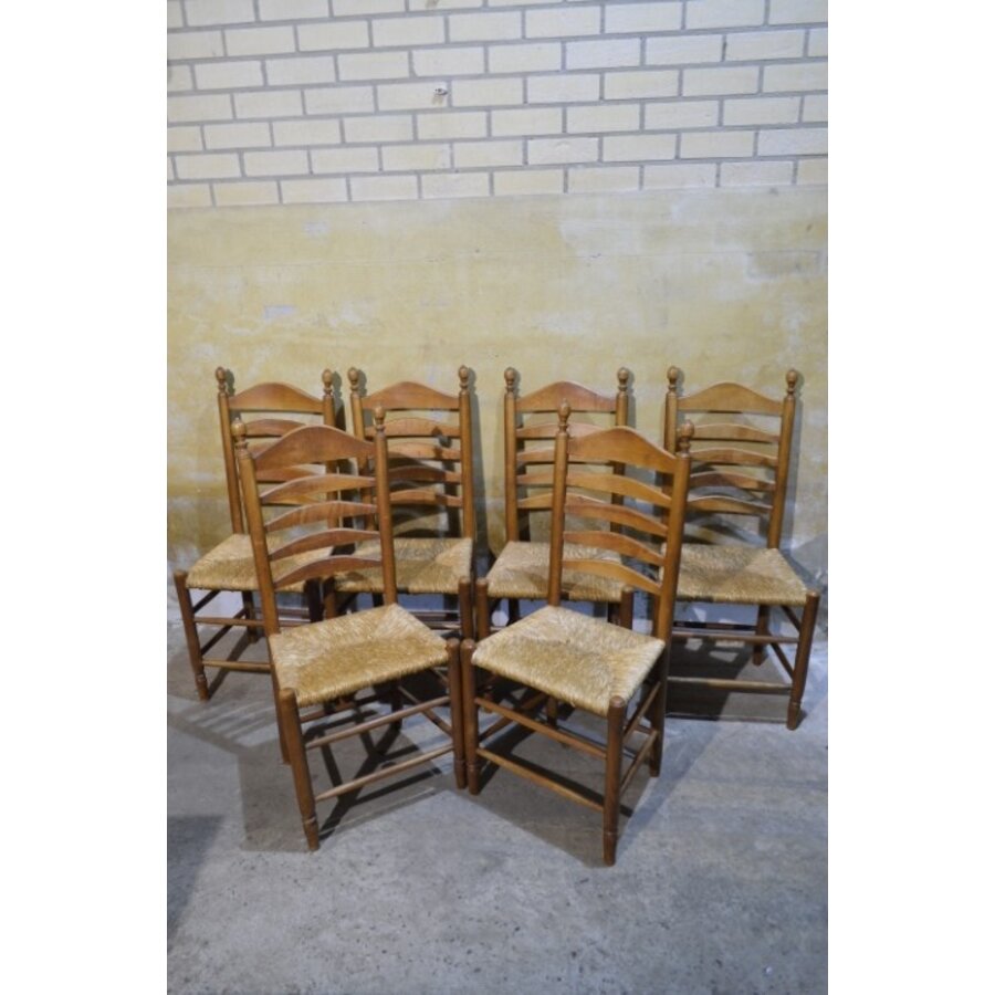 Set van 6 oud Hollandse eiken knopstoelen met biezen zitting en lattenrug-3