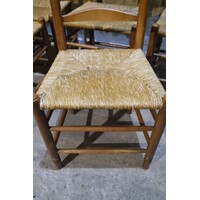 thumb-Set van 6 oud Hollandse eiken knopstoelen met biezen zitting en lattenrug-6