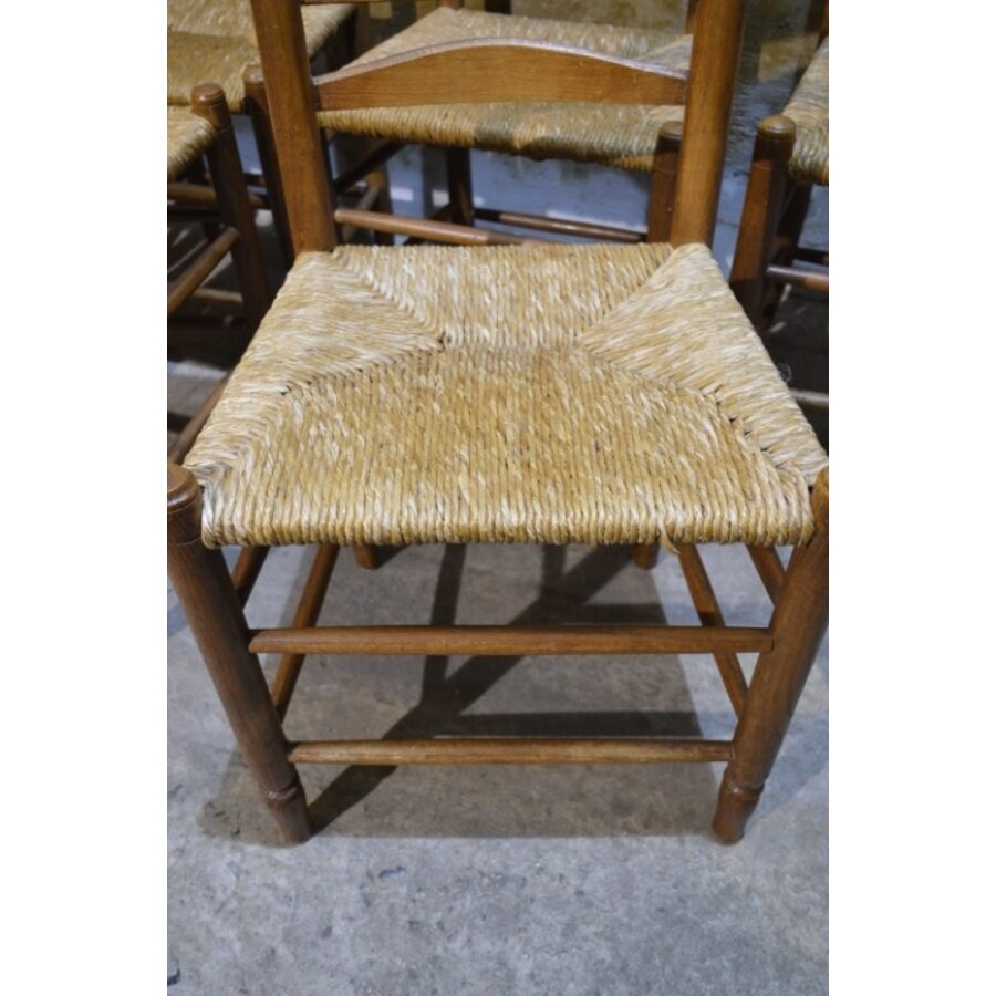 Set van 6 oud Hollandse eiken knopstoelen met biezen zitting en lattenrug-6