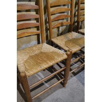 thumb-Set van 6 oud Hollandse eiken knopstoelen met biezen zitting en lattenrug-7