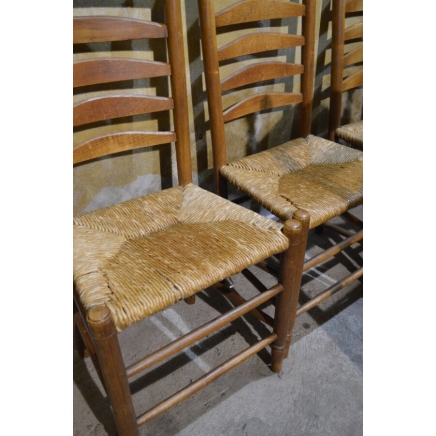 Set van 6 oud Hollandse eiken knopstoelen met biezen zitting en lattenrug-7