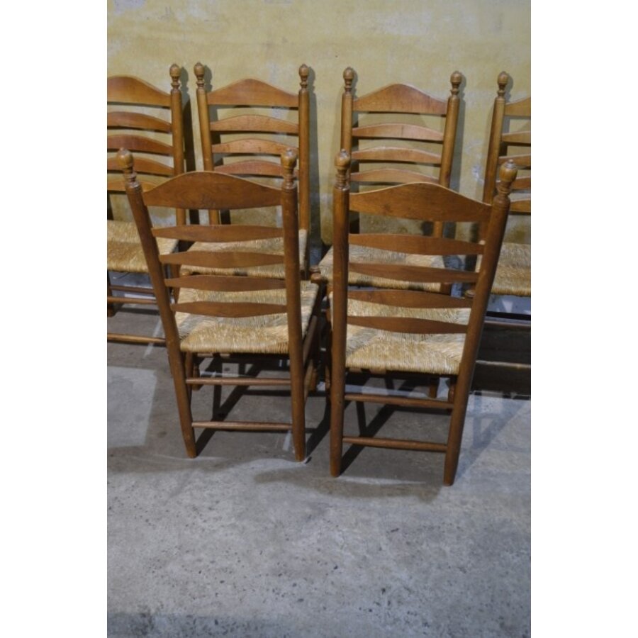 Set van 6 oud Hollandse eiken knopstoelen met biezen zitting en lattenrug-8