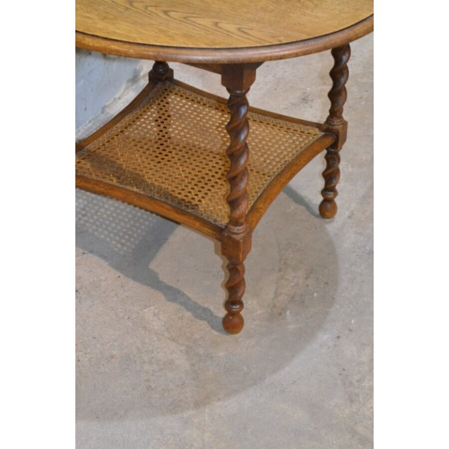 Antieke ronde eiken salontafel met webbing-2