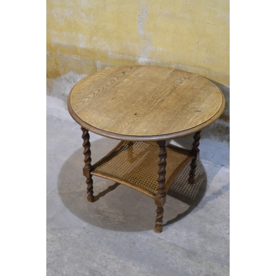Antieke ronde eiken salontafel met webbing-4