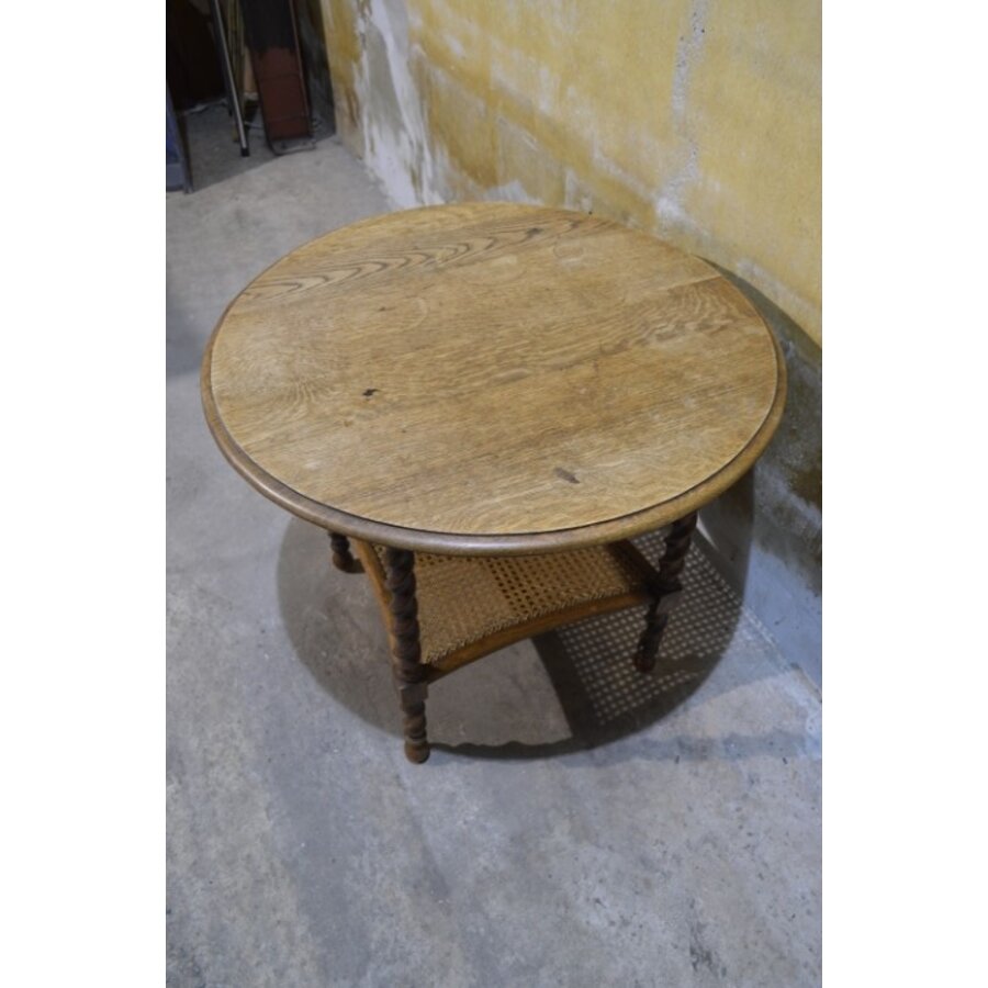 Antieke ronde eiken salontafel met webbing-6