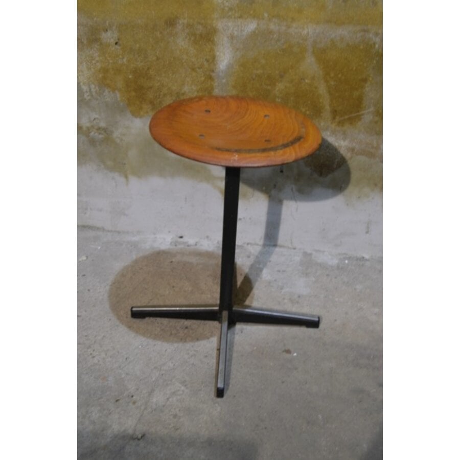 Vintage industriële schoolkruk van Galvanitas met houten zitting-2