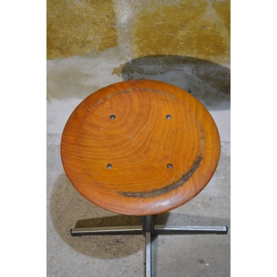 Vintage industriële schoolkruk van Galvanitas met houten zitting-4
