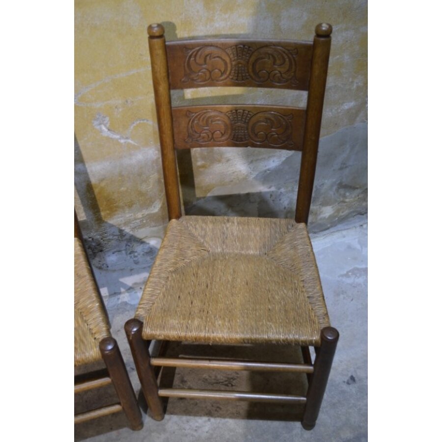 Set van 4 Oud Hollandse eiken stoelen met biezen zitting-6