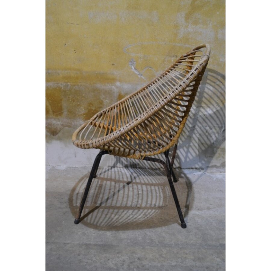 Zeldzame Rohé rotan fauteuil met metalen frame jaren 50-5