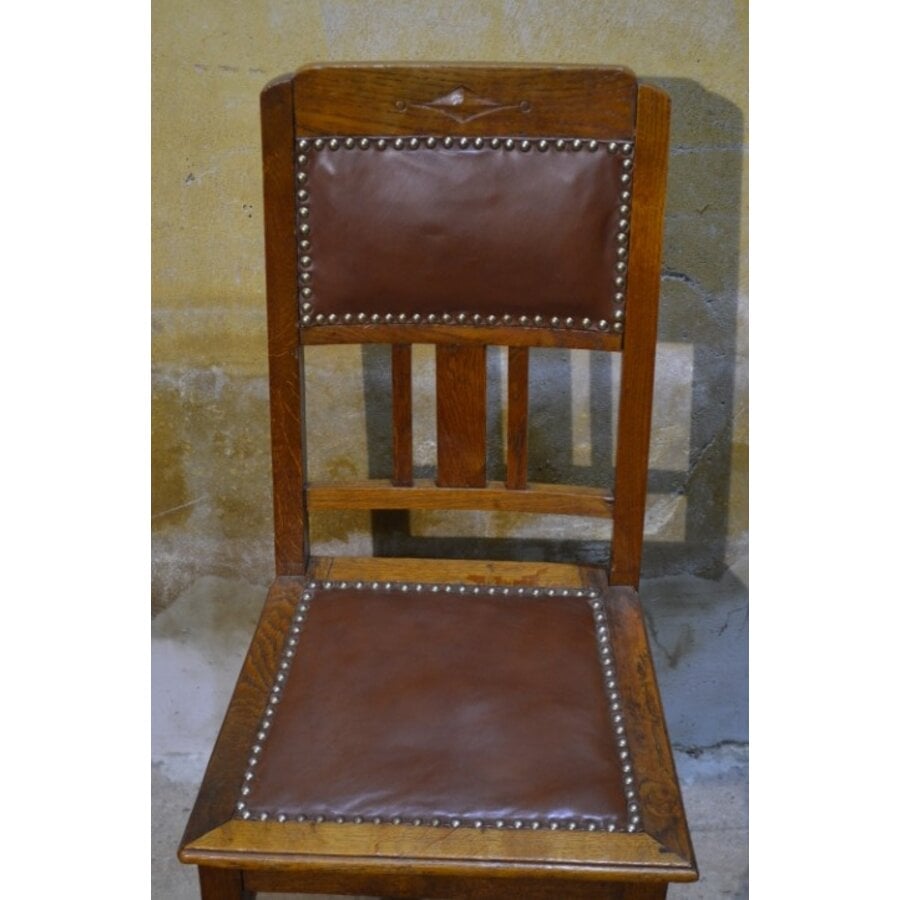 Antiek eiken stoeltje met schapenleer in Art Nouveau stijl-4