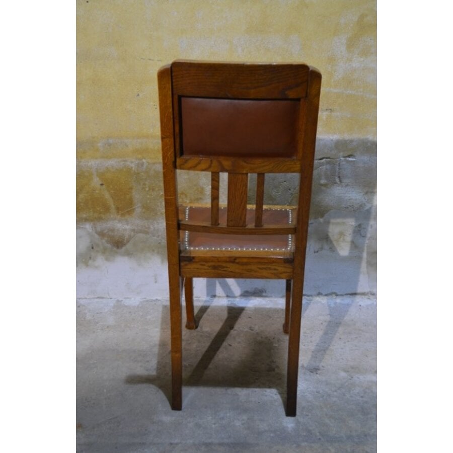 Antiek eiken stoeltje met schapenleer in Art Nouveau stijl-7