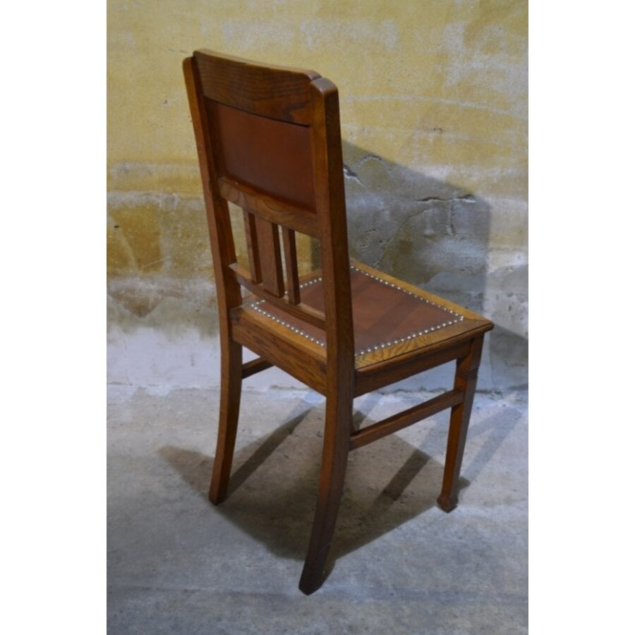 Antiek eiken stoeltje met schapenleer in Art Nouveau stijl-8