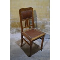 thumb-Antiek eiken stoeltje met schapenleer in Art Nouveau stijl-1