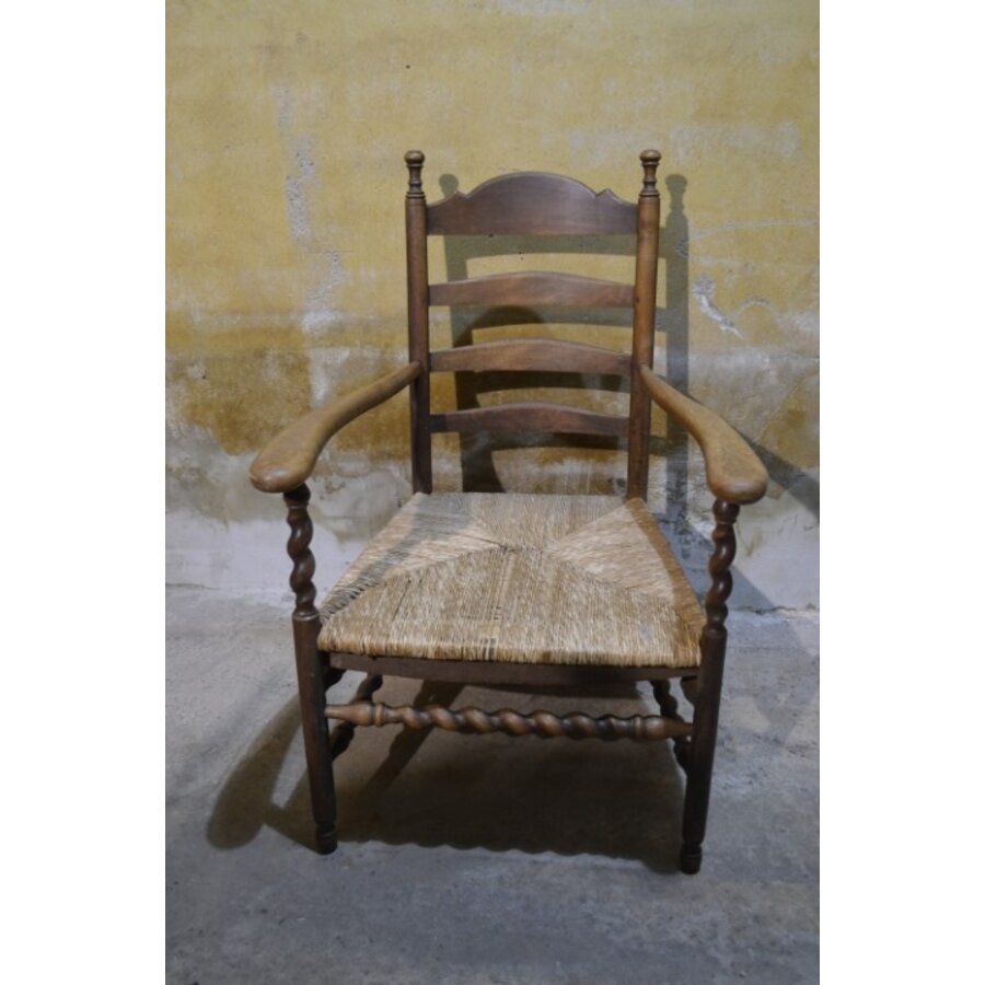 Antieke oud-Hollandse eiken armfauteuil met biezen zitting-2