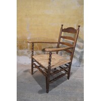 thumb-Antieke oud-Hollandse eiken armfauteuil met biezen zitting-1