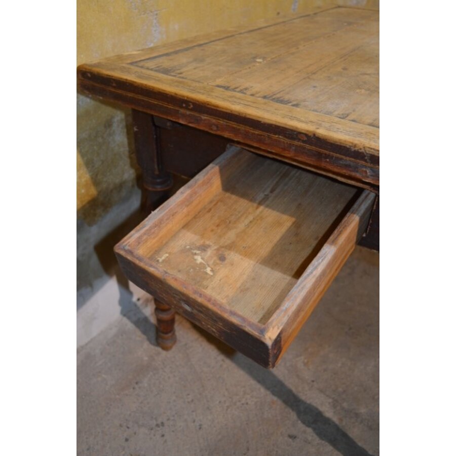 Antieke grenen boeren uittrektafel met lade-5