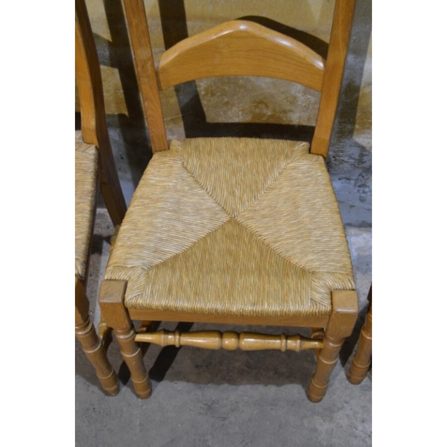 Set van 4 massief blank eiken eetkamerstoelen met biezen zitting-2