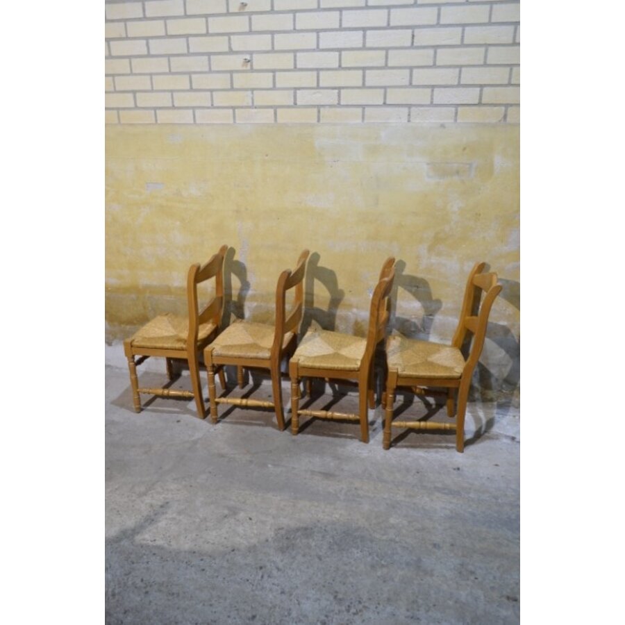Set van 4 massief blank eiken eetkamerstoelen met biezen zitting-3