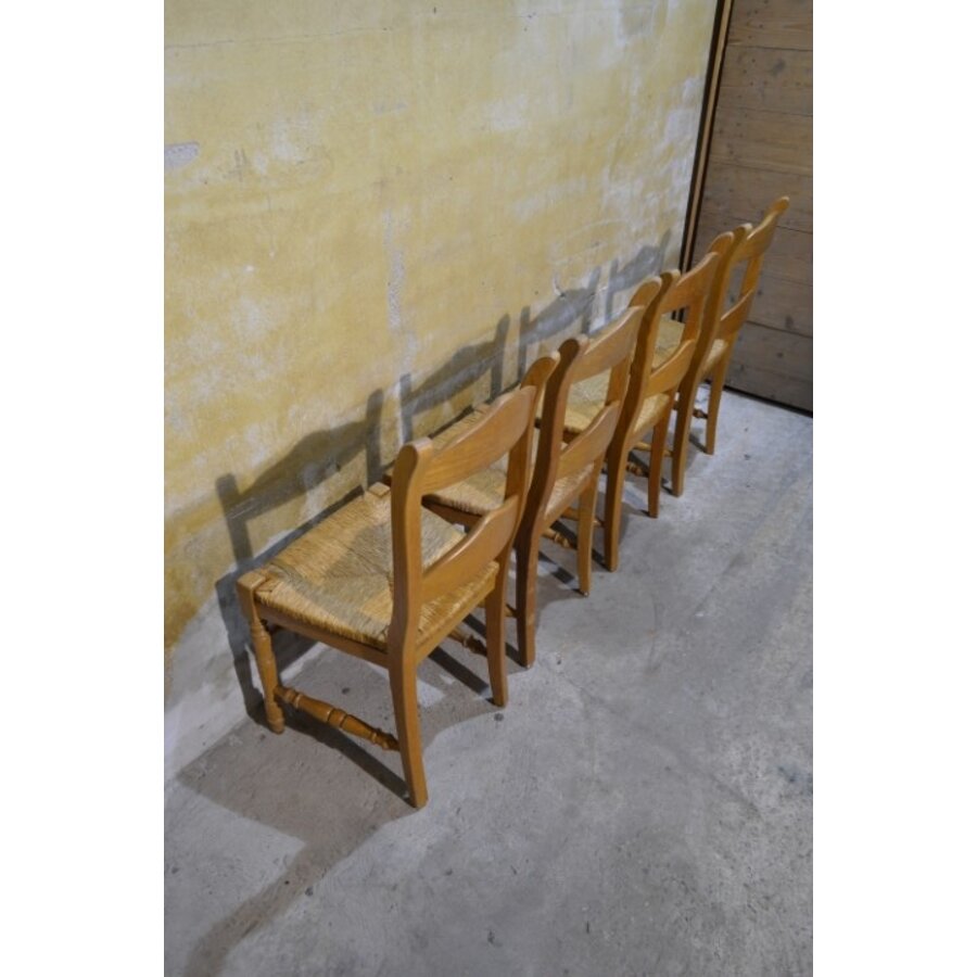 Set van 4 massief blank eiken eetkamerstoelen met biezen zitting-5