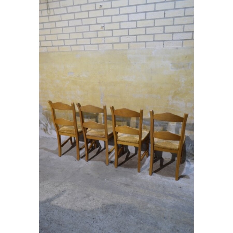 Set van 4 massief blank eiken eetkamerstoelen met biezen zitting-6