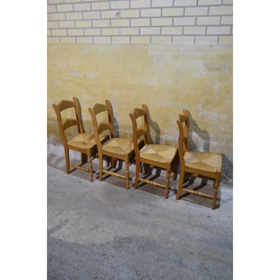 Set van 4 massief blank eiken eetkamerstoelen met biezen zitting-8