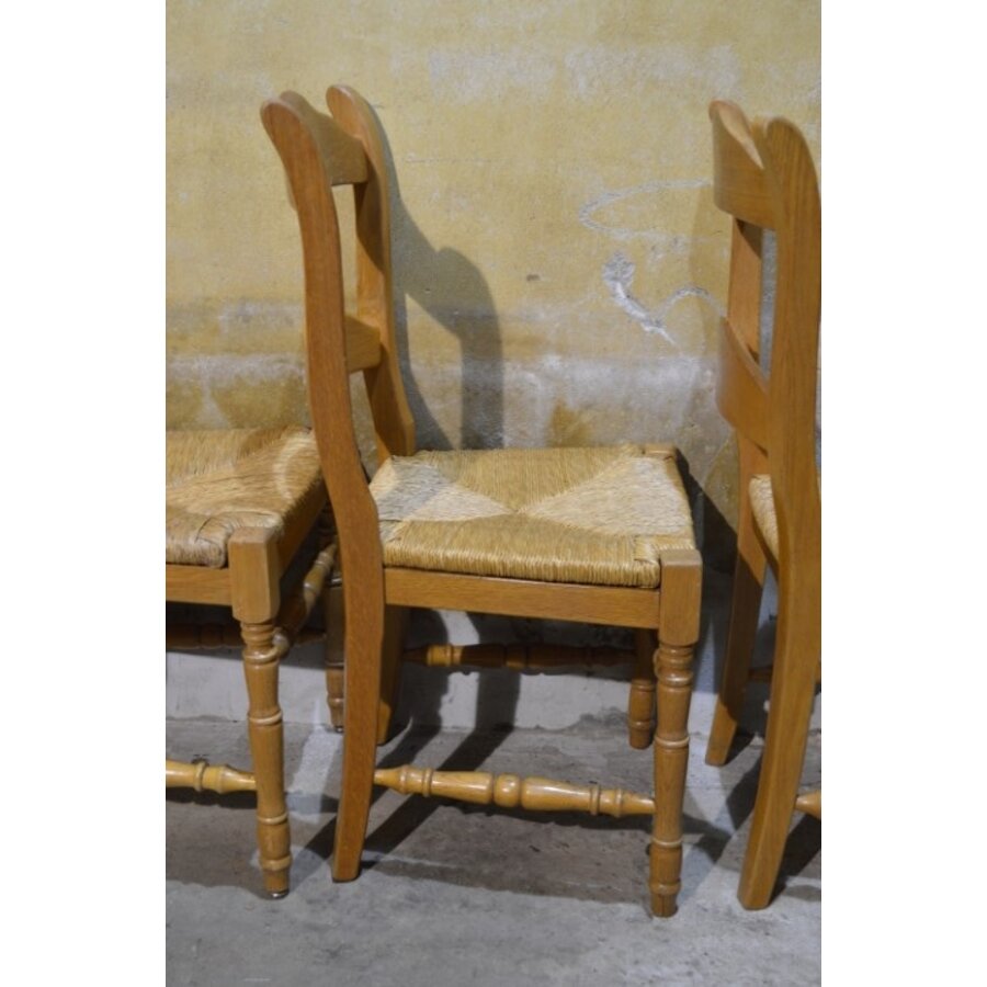 Set van 4 massief blank eiken eetkamerstoelen met biezen zitting-9