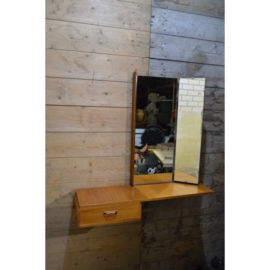 Teakhouten retro wandkapspiegel met lade-10