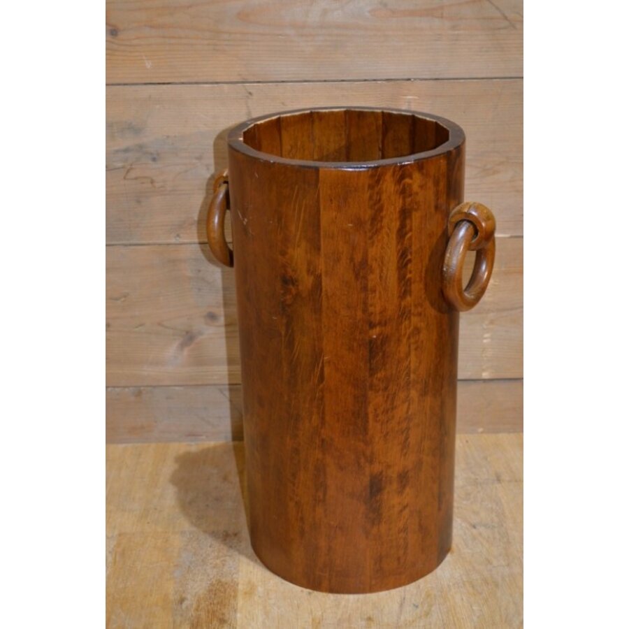 Vintage brutalist houten paraplubak uit Frankrijk met metalen lekbak-4