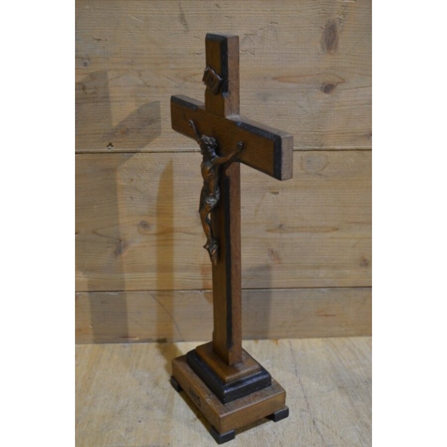 Donker eiken houten kruis met messing Jezusbeeld wanddecoratie-4