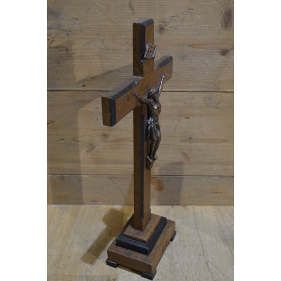 Donker eiken houten kruis met messing Jezusbeeld wanddecoratie-6