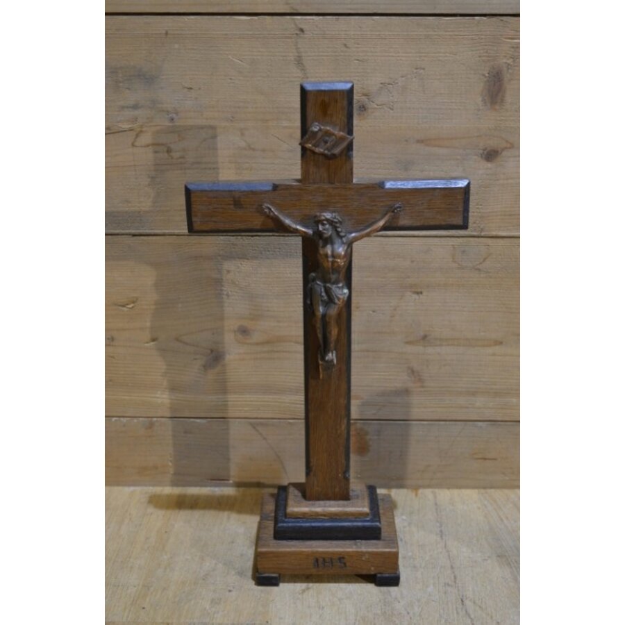 Donker eiken houten kruis met messing Jezusbeeld wanddecoratie-8