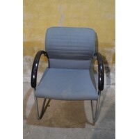 thumb-Vintage Thonet armstoel met buisframe en blauwgrijze stoffering-1