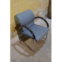 thumb-Vintage Thonet armstoel met buisframe en blauwgrijze stoffering-3