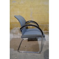 thumb-Vintage Thonet armstoel met buisframe en blauwgrijze stoffering-4
