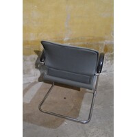 thumb-Vintage Thonet armstoel met buisframe en blauwgrijze stoffering-5