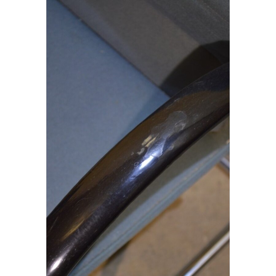 Vintage Thonet armstoel met buisframe en blauwgrijze stoffering-8